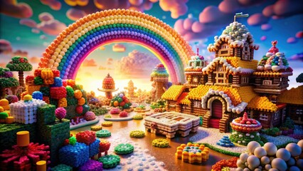 Macro 8-Bit Pixel Art Gingerbread Village: Candy Trees, Rainbow Sky, Festive Holiday Scene