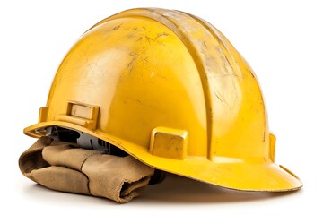 Well-Used Yellow Hard Hat Resting with Gloves, Symbolizing Construction Job