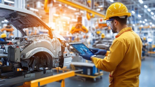 Worker Using Tablet in Modern Automotive Manufacturing Facility