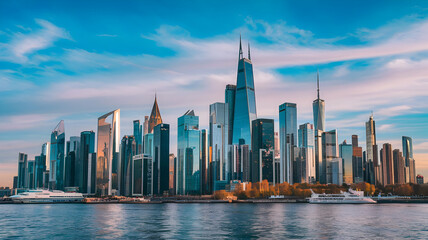 Obraz premium Sunset view of Hong Kong and Seattle skylines with waterfront, skyscrapers, and cityscapes