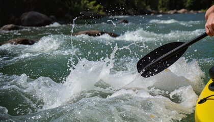 Fototapeta premium Close-up of a kayaker's paddle slicing through turbulent rapids, symbolizing adventure and thrill in water sports
