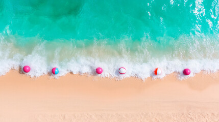 Fototapeta premium Aerial view of a tropical beach with turquoise waves rolling onto golden sand. Pink beach balls scattered along the shore create a playful, inviting summer scene, perfect for vacation escape by ocean.