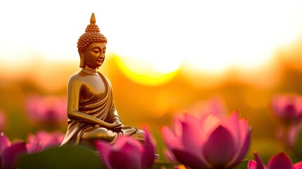 Serene Buddha Statue at Sunset Among Lotus Flowers