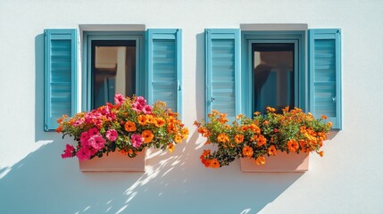 Two light blue windows with flower boxes