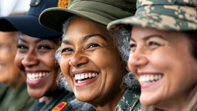 United Smiles in Uniform: A row of smiling military women, representing diversity and camaraderie, are captured in a close-up, radiating pride and strength.