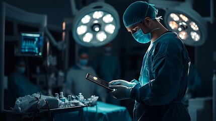 Modern operating room with a doctor using a tablet during surgery, high-contrast lighting and shallow depth create a focused, professional atmosphere.