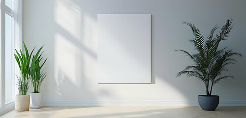 A square canvas mockup hanging on the wall, offering space for showcasing art or photography in a modern interior. 40k, , high resolution