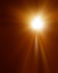 glowing light on blue background, shining effect element. Shining sun at clear blue sky with empty copy space. Sunny summer days with blue heaven. Sunrays, sunbeams, sunburst, sunlight.