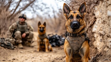 Military dog handler and dogs in desert terrain. Possible use Stock photo for military training
