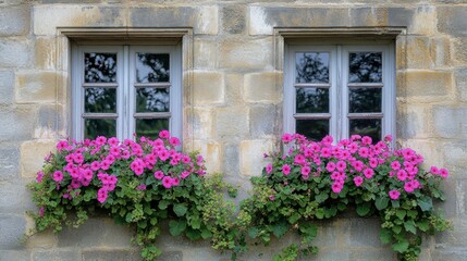 Two windows with pink flowers
