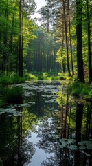Fototapeta premium Serenity envelops the tranquil pond nestled within a Russian forest, where lush trees create a peaceful atmosphere, and light dances on the water's surface in early morning