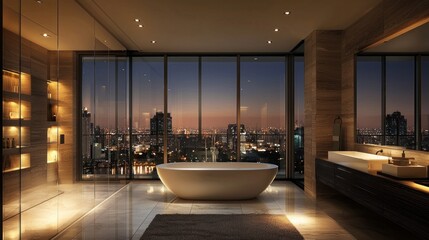 Fototapeta premium Luxury Penthouse Bathroom with Stunning City Night View