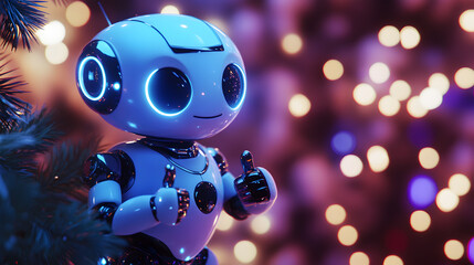 A robot is standing in front of a Christmas tree. The robot is smiling and giving thumbs up. The scene is bright and cheerful, with the robot's glowing eyes
