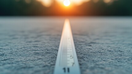 Sunset behind ruler on rough surface - focused perspective and measurement concept