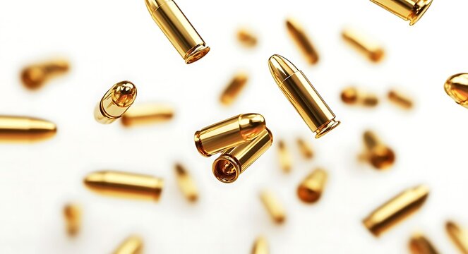 Photorealistic top view of bullets falling on a white background, showcasing dynamic motion and contrast between metallic surfaces and the clean backdrop.