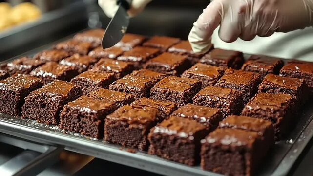 Close-up of a chef's hands cutting freshly baked chocolate brownies in a bustling kitchen