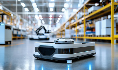 Revolutionizing business operations automated robots in a futuristic warehouse analyzing data with artificial intelligence technology