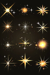 Fototapeta premium Collection of bright golden starburst patterns on black background