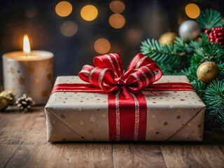 Christmas gift wrapped in a ribbon.