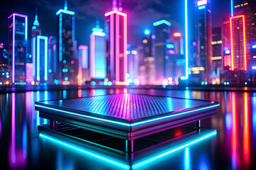 Obraz premium Neon Cityscape Reflections with Vibrant Lights and Modern Architecture at Night, Futuristic Urban Skyline with Colorful Illuminations