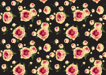 Rose flower design in yellow and pink colors, vector seamless pattern on black background.