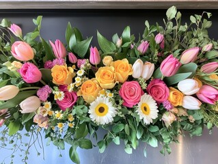 Obraz premium Vibrant Arrangement of Colorful Flowers Featuring Roses, Tulips, Daisies, and Greenery for Decorative or Celebratory Purposes