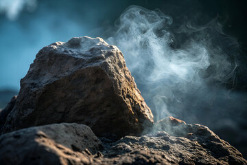 Smoke Rising from a Rock Surface in a Natural Landscape During Early Morning Light with a Soft, Ethereal Atmosphere in Nature