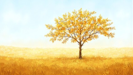 Obraz premium Golden leaved tree in expansive field symbolizing growth