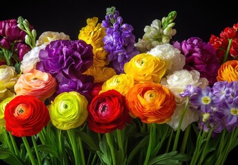 Obraz premium Vibrant Arrangement of Colorful Flowers in Full Bloom Showcasing Beautiful Ranunculus, Freesia, and Stock Varieties Against a Dark Background