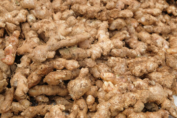 Close up of pile of ginger with abstract patterns and shapes.Ginger for making drinks,cooking spices and herbal medicines.Agriculture industry concept.For graphic design,3D rendering or banner 