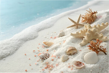 A Beautiful Arrangement of Seashells, Coral, and Sand on a Tranquil Beach Shore Reflecting Calmness and Serenity of a Coastal Paradise