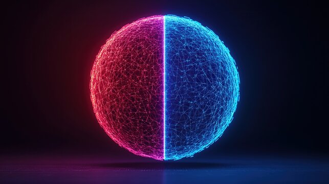 Futuristic neon sphere divided by red and blue light