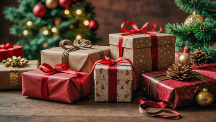 Christmas gifts wrapped in red and brown.
