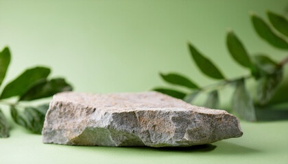 Minimalist stone podium on light green background for natural cosmetic advertising. Empty pedestal