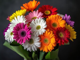 Vibrant Arrangement of Colorful Gerbera Daisies in a Dark Background, Showcasing Bright Petals and Lush Green Leaves