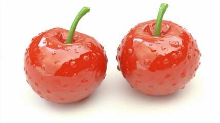 Two glossy, red cherries with water droplets