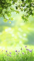 Fresh Green Leaves and Purple Flowers in a Vibrant Nature Scene