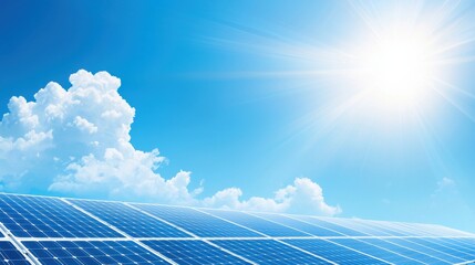 Bright Solar Panels Under Clear Blue Sky With Shining Sunlight