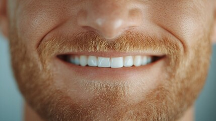 Fototapeta premium Smiling man with ginger beard, bright white teeth, showcasing happiness and warmth, ideal for wellness or dental themes.