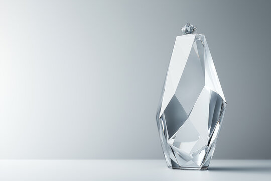 Clear faceted crystal or glass object with a geometric design and elegant reflective surfaces, possibly serving as a decorative vase or an award, against a gradient gray backdrop. 

