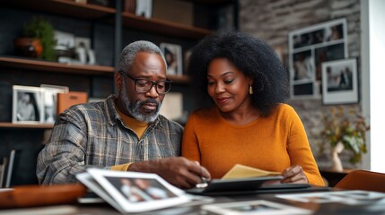 Couple reminiscing over photo album at home in cozy setting