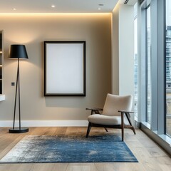 Modern office corner with empty frame, armchair, and city view