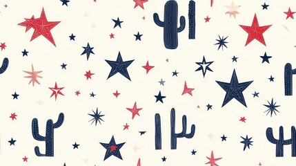Seamless Pattern Featuring Iconic Elements of Texas in Minimalist Style with Stars and Cacti for Unique Designs and Backgrounds