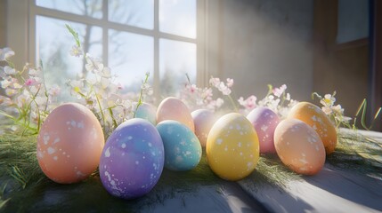 Obraz premium Pastel Easter eggs adorned with white speckles rest on a rustic wooden surface near a sunlit window, surrounded by delicate spring flowers. A perfect springtime scene.