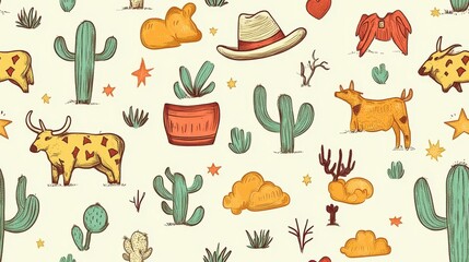 Obraz premium Playful Seamless Pattern Featuring Iconic Texas Elements Like Cacti, Hats, Stars, and Ranch Animals for Unique Design Projects and Backgrounds