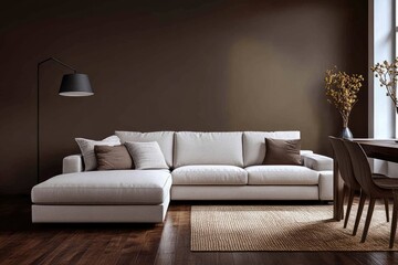 Modern L-shaped sectional sofa in a dark brown living room with a dining area
