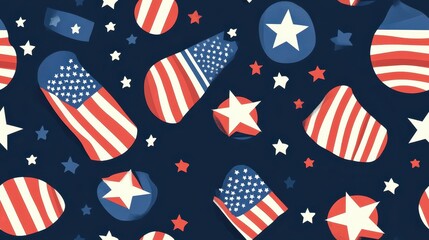 Obraz premium Seamless Minimalist Pattern Featuring Iconic USA Elements in Red, White, and Blue Colors on Dark Background for Creative Projects
