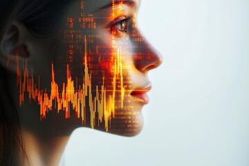 Woman's face overlaid with data streams, symbolizing technology's impact on humanity.