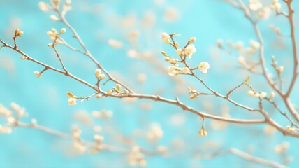 White Blossoms on Branches Against Soft Blue Background
