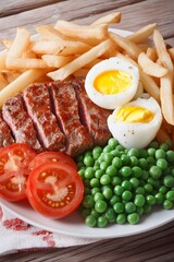 Delicious Steak Dinner Plate with Fries, Peas, and Eggs